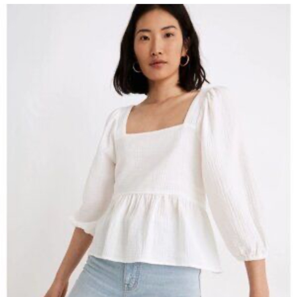 MADEWELL lightspun peplum puff sleeve white top 
Medium